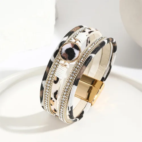 Miniatura 4 de Long tiantian Pulseras de cuero para mujer, de moda, multicapa, estilo bohemio, leopardo, joyería, cuentas de perlas, pulsera de cierre hecha a