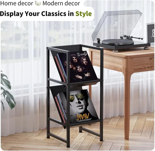 Miniatura 7 de Soporte de almacenamiento de discos de vinilo de metal negro de 2 niveles para colección Conceptual Design, Sturdy Black Metal Frame, 2-Tier