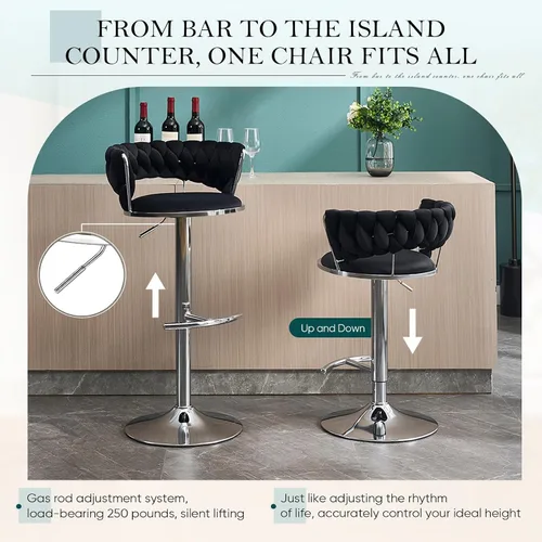 Miniatura 6 de Juego de 4 taburetes de bar de terciopelo dorado, taburetes de bar giratorios de 360° con respaldo, taburetes tapizados de altura ajustable