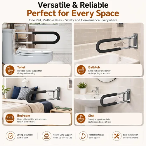 Miniatura 8 de Barra de agarre plegable para inodoro con soporte para papel, riel de seguridad para discapacitados de baño montado en la pared de 24 pulgadas