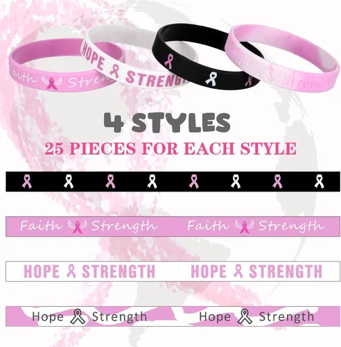 Miniatura 2 de Minatee 100 pulseras de concientización sobre el cáncer de mama, pulseras de silicona con cinta rosa con esperanza, fe, fuerza, coraje, apoyo