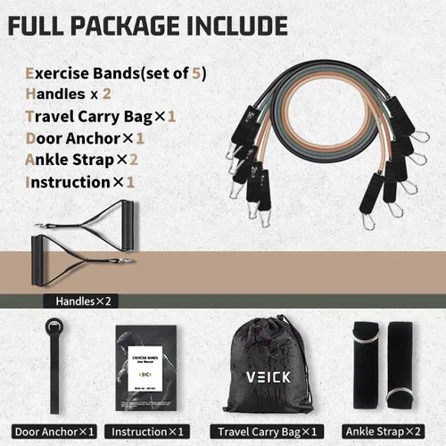Miniatura 2 de VEICK Bandas de resistencia, bandas de ejercicio, bandas de entrenamiento, bandas de resistencia para entrenar con asas para hombres y mujeres, Gris