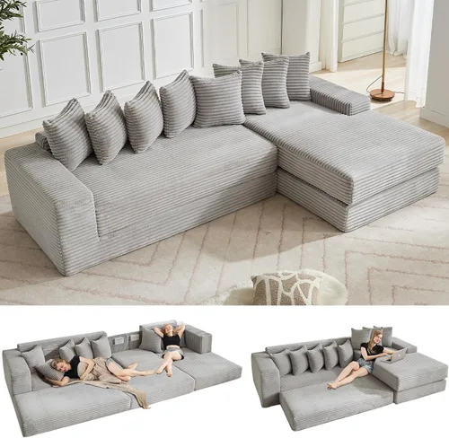Miniatura 23 de Sofá modular moderno de 111 pulgadas, sofá de pana en forma de L con diván izquierdo, salón extra ancho, 8 almohadas, juego de sofá esquinero