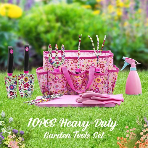 Miniatura 9 de Housolution Juego de herramientas de jardinería, 10 piezas de acero inoxidable resistente con mango de goma suave antideslizante con bolsa de jardín