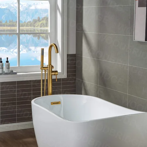 Miniatura 7 de WOODBRIDGE Grifo de llenado de bañera independiente contemporáneo de una sola manija con ducha de mano en acabado dorado cepillado, F0007BGRD