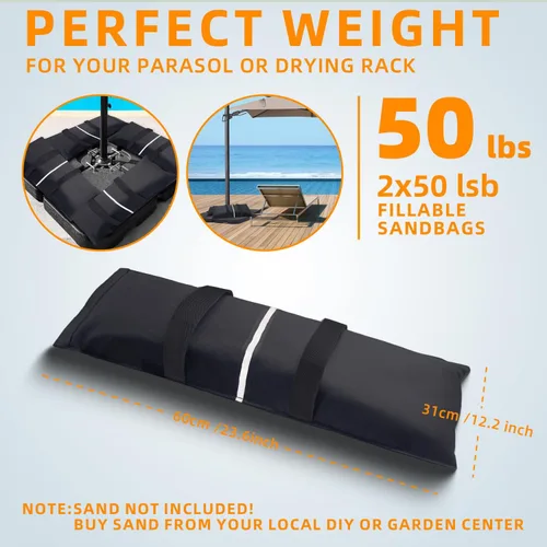 Miniatura 4 de Bolsas de arena para base de paraguas, 2 bolsas de arena rellenables de 50 libras para base de paraguas, sombrilla de patio voladizo, trampolín