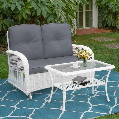 Miniatura 28 de MEETWARM Juego de 3 piezas de mimbre giratorio para patio al aire libre, mecedoras, juegos de muebles de patio de ratán con cojín grueso y mesa