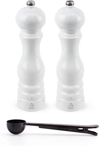Peugeot Paris u'Select - Juego de molinillo de sal y pimienta manual de 6 ajustes con cuchara de especias de acero inoxidable negro, fabricado en