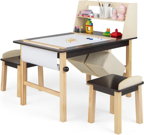 Costzon Juego de mesa y silla de arte para niños, mesa de actividades de madera y 2 taburetes con rollo de papel, 2 marcadores, 2 cubos de
