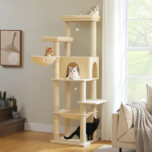 Miniatura 7 de PAWZ Road Árbol Grande para Gatos, Torre para Gatos de 73 Pulgadas de Altura con 1 Gran Asiento Acolchado, 2 Hamacas Espaciosas, 8 Postes Largos