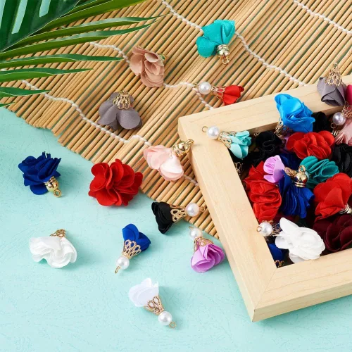 Miniatura 6 de Cheriswelry Colgantes de flores de tela de tela con pétalos florales con tapa dorada para aretes de bricolaje, llavero, fabricación de joyas