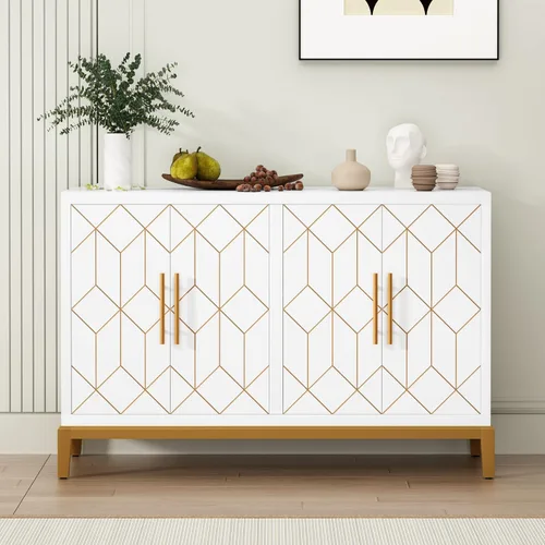 Miniatura 10 de HLR Gabinete de Acento con 4 Puertas y Estantes, Gabinete Aparador Buffet con Ribete Dorado, Almacenamiento Negro Moderno para Sala de Estar