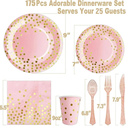 Miniatura 2 de AIRE 175 piezas platos de oro rosa suministros de fiesta sirve para 25 invitados decoraciones de fiesta desechables, tenedores cuchillos cucharas