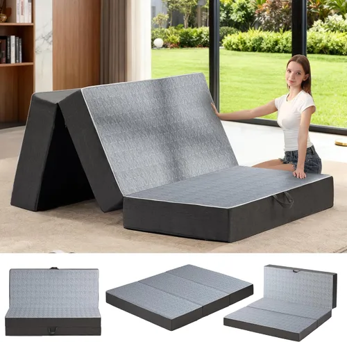 Miniatura 10 de Colchón triple plegable tamaño matrimonial – Colchón plegable de espuma viscoelástica de doble capa de 6 pulgadas, sofá cama futón portátil