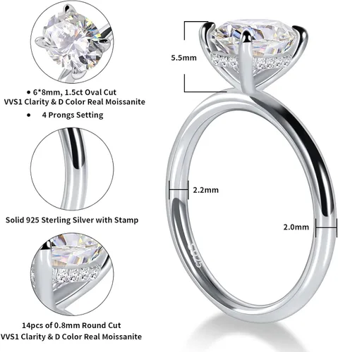 Miniatura 2 de Ladylike 11.523CT Oval Cut Moissanite Engagement Ring for Women 925 Sterling Silver Solitaire Rings with Hidden Halo D Color VVS1 Promise Wedding