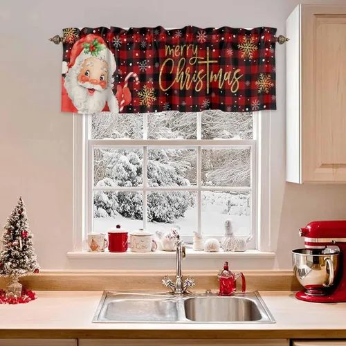 Miniatura 2 de Cenefa de Navidad para ventanas, cenefas de Papá Noel, cenefa con bolsillo para barra, tratamientos de ventana, cortinas cortas a cuadros rojos