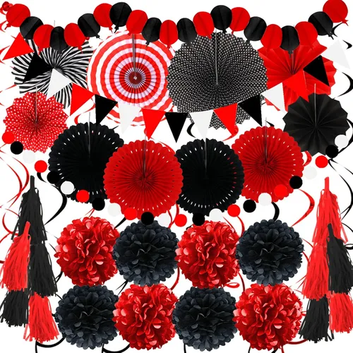 ZERODECO - Decoraciones de fiesta, 41 piezas de abanicos de papel negros y rojos, pompones, guirnaldas, hilo, papel de seda y borlas para Negro Rojo