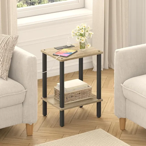 Miniatura 7 de TUTOTAK Mesa auxiliar con estación de carga, pequeña mesa auxiliar con tomas de corriente, mesita de noche, mesa de cabecera, estante de Gris beige
