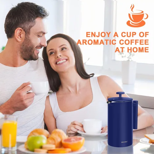 Miniatura 7 de Secura Cafetera de Prensa Francesa, Prensa de Café de Acero Inoxidable de Doble Pared Grado 304 con 2 Filtros Adicionales, 34 oz (1L), Azul