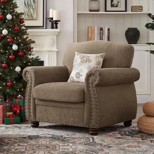Miniatura 9 de ONBRILL Sillón con ribetes de tachuelas, silla decorativa con brazos curvos para sala de estar, cómoda silla de club de felpilla con cojines