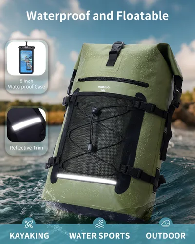 Miniatura 5 de ECOHUB Mochila impermeable para mujeres y hombres, bolsa seca resistente de 30L con cierre enrollable para viajes con funda impermeable IPX8