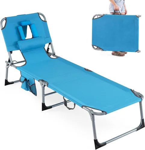 Miniatura 20 de Goplus Silla bronceadora, silla de playa plegable con agujero para cara y brazo, posición ajustable, almohada extraíble, bolsillo lateral, silla