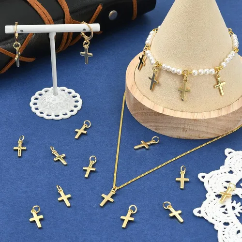 Miniatura 5 de Dijes de cruz para hacer joyas, chapado en oro real de 18 quilates, dijes de religión para pulseras, collares y aretes