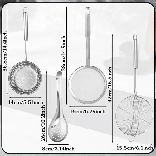 Miniatura 2 de Juego de 4 cucharas de colador de araña, colador de malla fina y cuchara espumadora de grasa, metal de acero inoxidable con coladores de alimentos