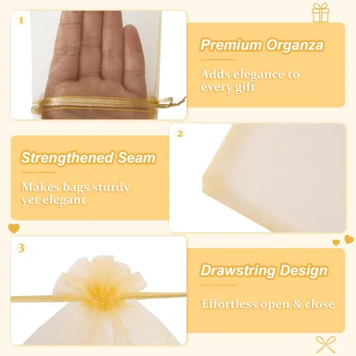 Miniatura 6 de Crweety 50 Piezas Bolsas de Organza Doradas de 3 x 4 Pulgadas, Pequeñas Bolsas de Regalo de Malla con Cordón para Favores de Boda, Despedida