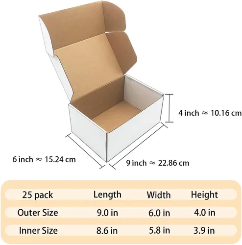 Miniatura 6 de Juego de cajas de envío de 9x6x4 pulgadas de 25, caja de cartón corrugado blanco para envío de correspondencia, embalaje de folletos, embalaje