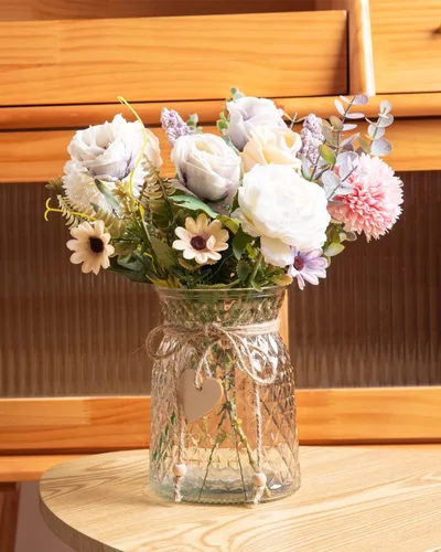 Miniatura 4 de Flores artificiales con jarrón, flores de peonía de seda sintética para decoración del hogar, flores artificiales con jarrón para decoración de mesa