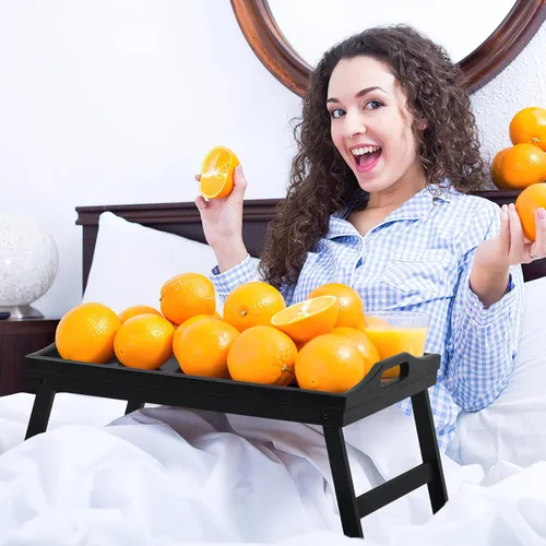 Miniatura 4 de Paquete de 2 bandejas de cama para mesa de desayuno, bandejas de servir, bandeja de bambú para cama portátil con patas plegables, asas y soportes
