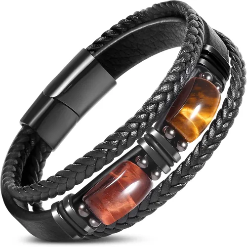 Miniatura 9 de Pulsera de cuero negro de ojo de tigre para hombre, piedra preciosa de ojo de tigre natural, joyería hecha a mano, pulsera de protección