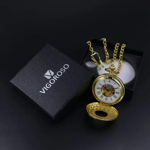 Miniatura 6 de VIGOROSO Reloj de bolsillo para hombre con cadena mitad cazador doble cubierta esqueleto mecánico números romanos dorados en caja