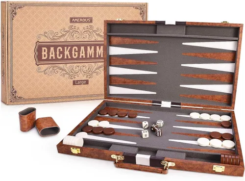 Miniatura 9 de AMEROUS Juego de Backgammon, Juego de Mesa Clásico de 11 Pulgadas con Estuche de Cuero, Tablero Plegable, Paquete de Regalo, Juego de Estrategia