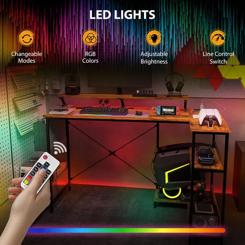 Miniatura 6 de HOMCOM Escritorio para juegos en forma de L de 58 pulgadas con tomas de corriente y luces LED, escritorio reversible para computadora con soporte