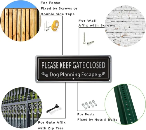 Miniatura 7 de Paquete de 2 letreros de metal con texto en inglés «Please Keep Gate Closed» (Please Close the Gate Closed), diseño de perro de escape, aluminio