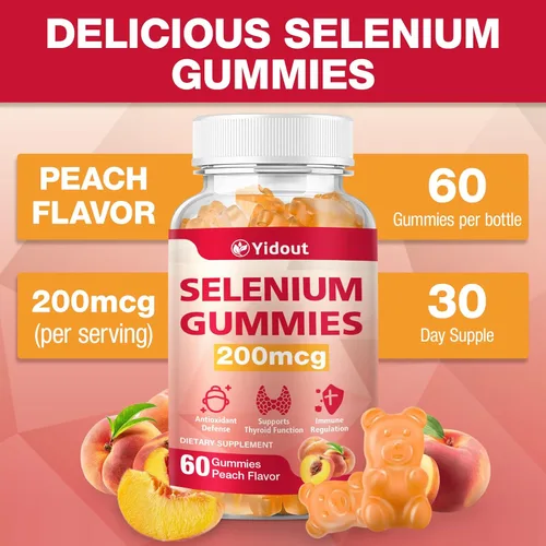 Miniatura 5 de Suplemento de selenio para gomitas de apoyo tiroideo de 200 mcg como refuerzo de energía para mujeres y hombres, sabor melocotón