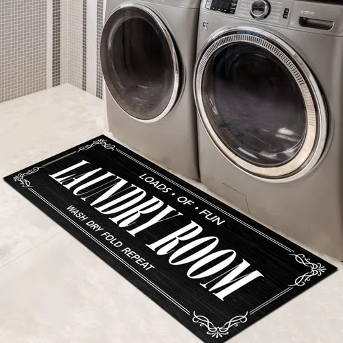 Alfombra antideslizante para lavandería, decoración de lavandería, alfombra lavable para lavandería, baño, vestíbulo, cocina, 17 x 47 pulgadas, Negro