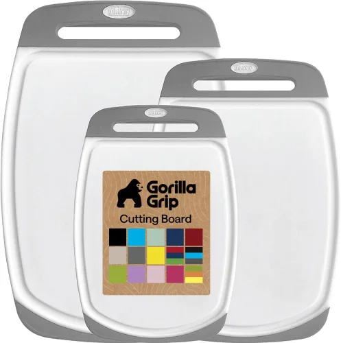 Miniatura 19 de GORILLA GRIP Juego de 3 tablas de cortar de cocina reversibles sin BPA, diseñadas en Estados Unidos, no porosas, ranuras para jugos, borde