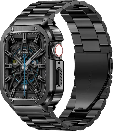 Miniatura 9 de MioHHR Correa y funda de acero inoxidable compatible con Apple Watch Band de 1.614 in, 1.575 in y 1.496 in, cubierta protectora de metal para Negro