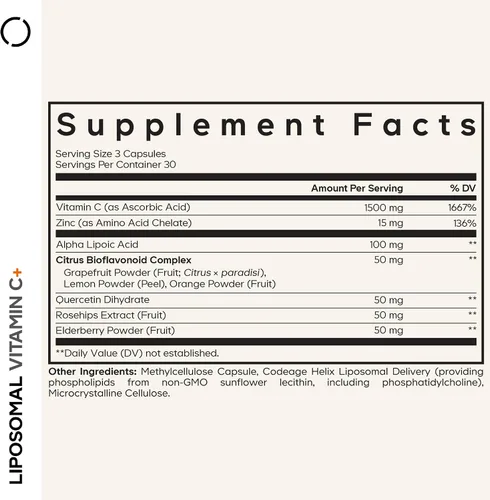 Miniatura 2 de Codeage Vitaminas liposomales de vitamina C con zinc, saúco, bioflavonoides cítricos, ácido ascórbico, quercetina y fruta de rosa mosqueta, píldoras
