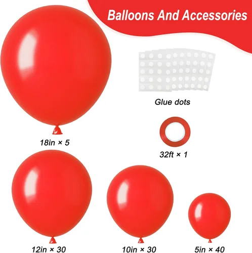 Miniatura 2 de RUBFAC Globos rojos, diferentes tamaños, 105 unidades de 5/10/12/18 pulgadas para arco de guirnalda, globos de látex para revelación de género