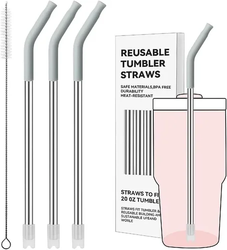 Miniatura 96 de Pajitas de metal rectas para vaso Stanley de 40 onzas, paquete de 3 popotes reutilizables de acero inoxidable con puntas de silicona y cepillo Gris