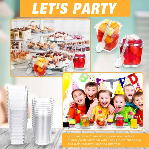 Miniatura 7 de Eaasty 100 juegos de tazas de postre con tapas y cucharas, vasos de plástico para yogur, parfait y aperitivo, recipientes redondos y cuadrados