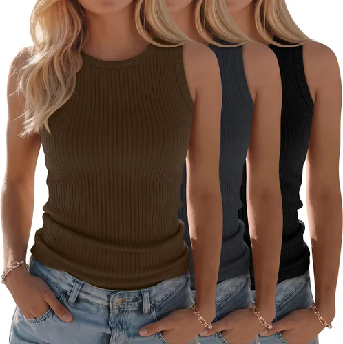Miniatura 24 de Paquete de 3 camisetas sin mangas de algodón para mujer, de punto acanalado, casuales, básicas, de cuello redondo, ajustadas, de verano, con espalda