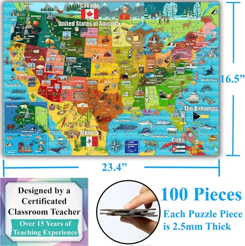 Miniatura 6 de Think2Master Colorido rompecabezas de 100 piezas con mapa de Estados Unidos, ideal para familias. Gran regalo de EE. UU. 23.4 x 16.5 pulgadas