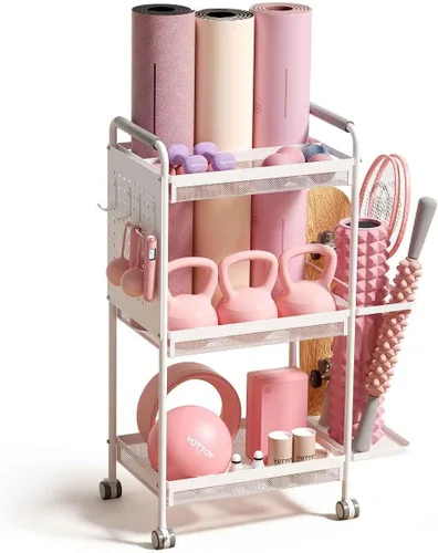 Miniatura 7 de YOTTOY Estante de almacenamiento de gimnasio de 3 niveles para gimnasio en casa, estante de pesas multifuncional, soporte para mancuernas, soporte