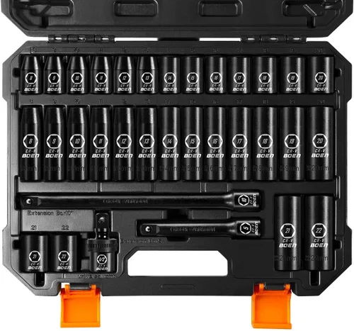 BOEN Juego de dados de impacto de 1/2 pulgada, 33 piezas de dados métricos profundos y poco profundos de 0.315 in a 0.866 in, incluye barras de