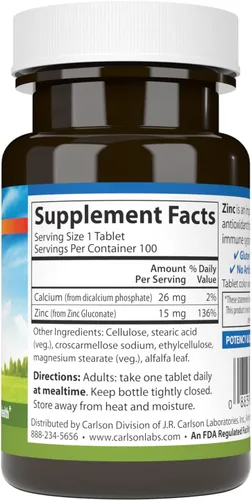 Miniatura 2 de Carlson - Zinc, 15 mg, Suplemento de zinc, gluconato de zinc, apoyo inmunológico y salud de la piel, tabletas de zinc, antioxidante, cápsulas